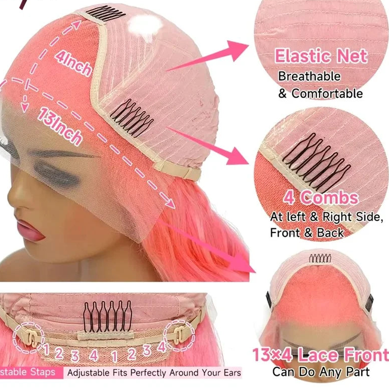 Swupod Hot Pink Body Wave HD Lace Frontal Wig | 100% Brazilian Human Hair Glueless Wig | 30-32 Inch High-Density Pre-Plucked Transparent Swiss Lace Frontal Wig for Women Luxegan