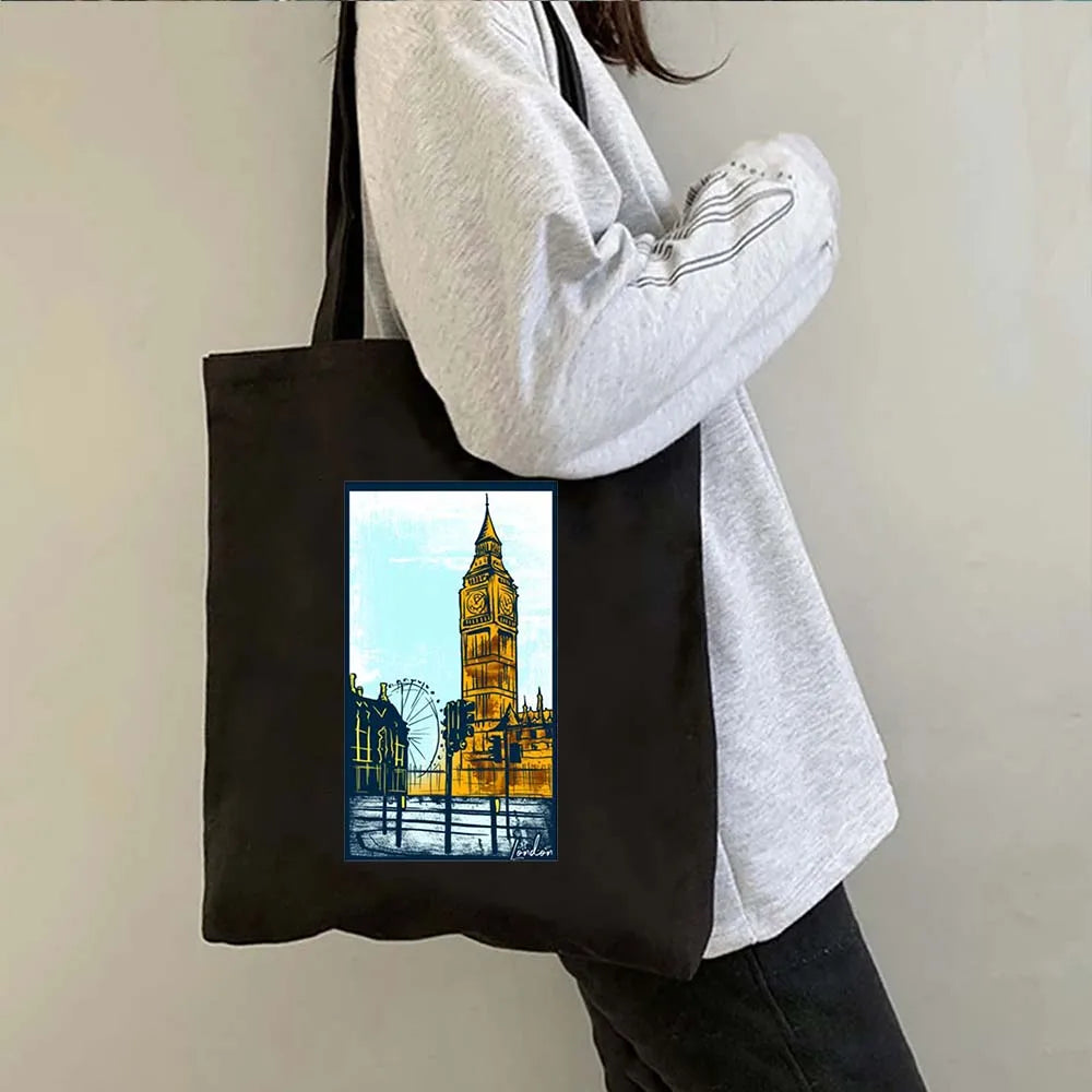 London Big Ben England Map Flag Canvas Tote Bag | UK City Landscape Skyline Shoulder Shopping Handbag (Women's Tourist Gift) Luxegan