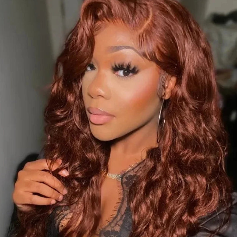 Grade 12A Reddish Brown Human Hair Bundles with Closure | Premium Brazilian Body Wave 3 Bundles with 4x4 Lace Closure | Luxury Colored Remy Human Hair Extensions | Safe to Perm Standard 4-Piece Complete Hair Matrix Luxegan