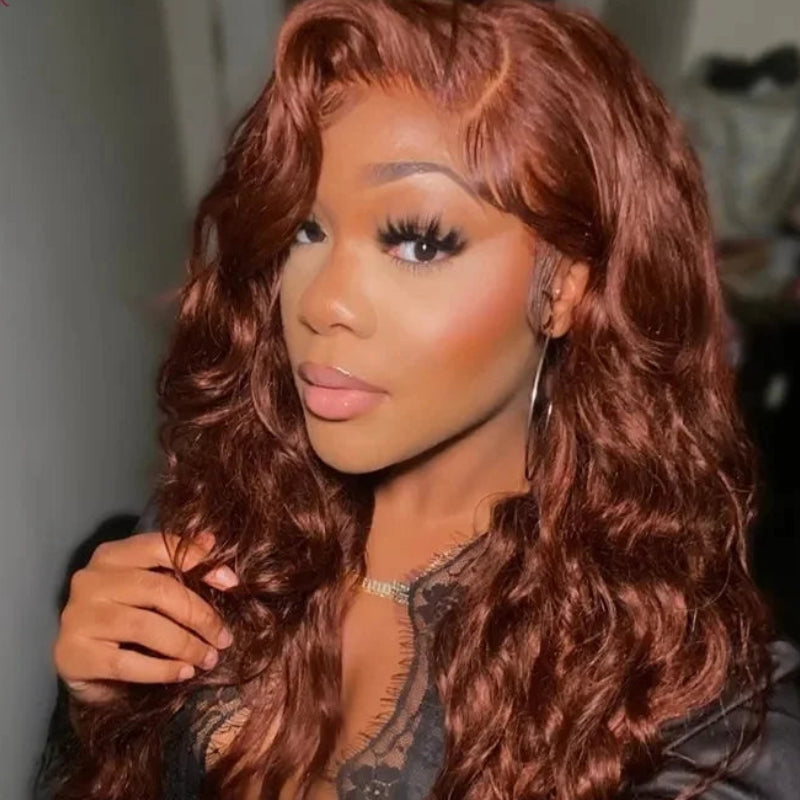 Grade 12A Reddish Brown Brazilian Body Wave Hair System | Autumn-Inspired Copper Tone 3 Bundles Pack | Professional 4x4 Transparent Lace Closure | Premium Remy Human Hair Weft Collection for Full-Volume Custom Installs Luxegan