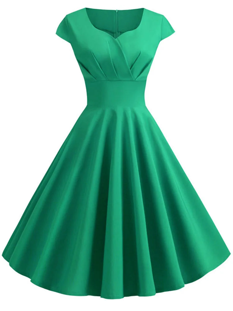 Women's Hepburn Vintage Rockabilly Pin-Up Dress | Elegant Retro Casual Party Midi Dress | Classic V-Neck Short Sleeve Sundress | Premium Tatting Slight Stretch Slim Fit A-Line Vestido Model WQ1307 Luxegan