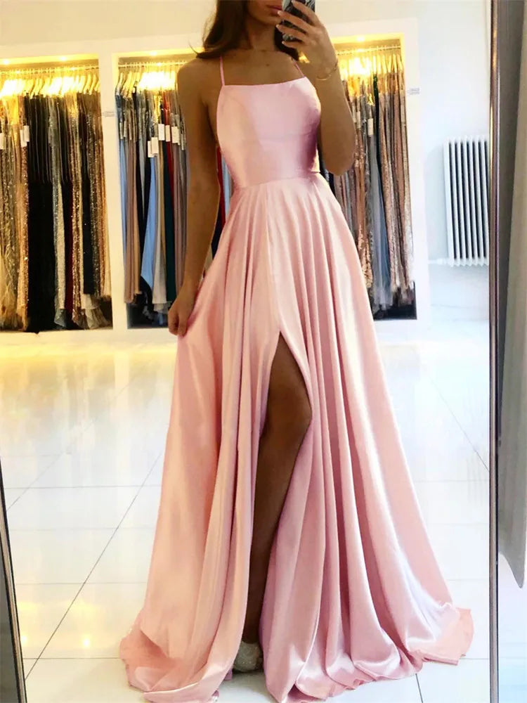 Solid Slash/Cowl Neck Sleeveless Lace-Up Strap Loose Fit A-Line Floor-Length Satin Dress – High Slit, Natural Waist, Summer