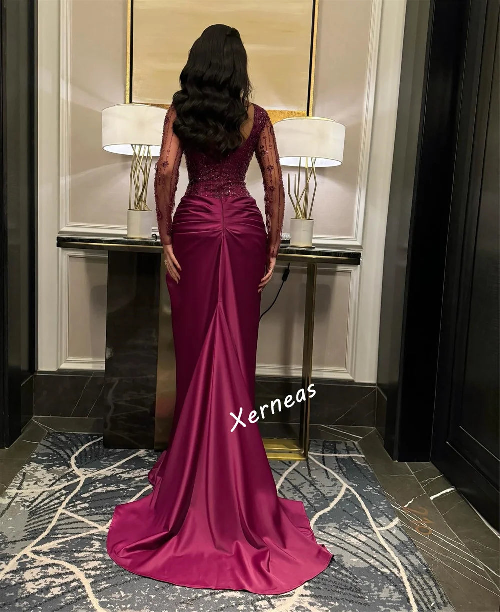 Luxury Formal Glitter Evening Dress | Full-Sleeve Satin Mermaid Gown | Elegant O-Neck Pleated Floor-Length Bespoke Occasion Dress Luxegan
