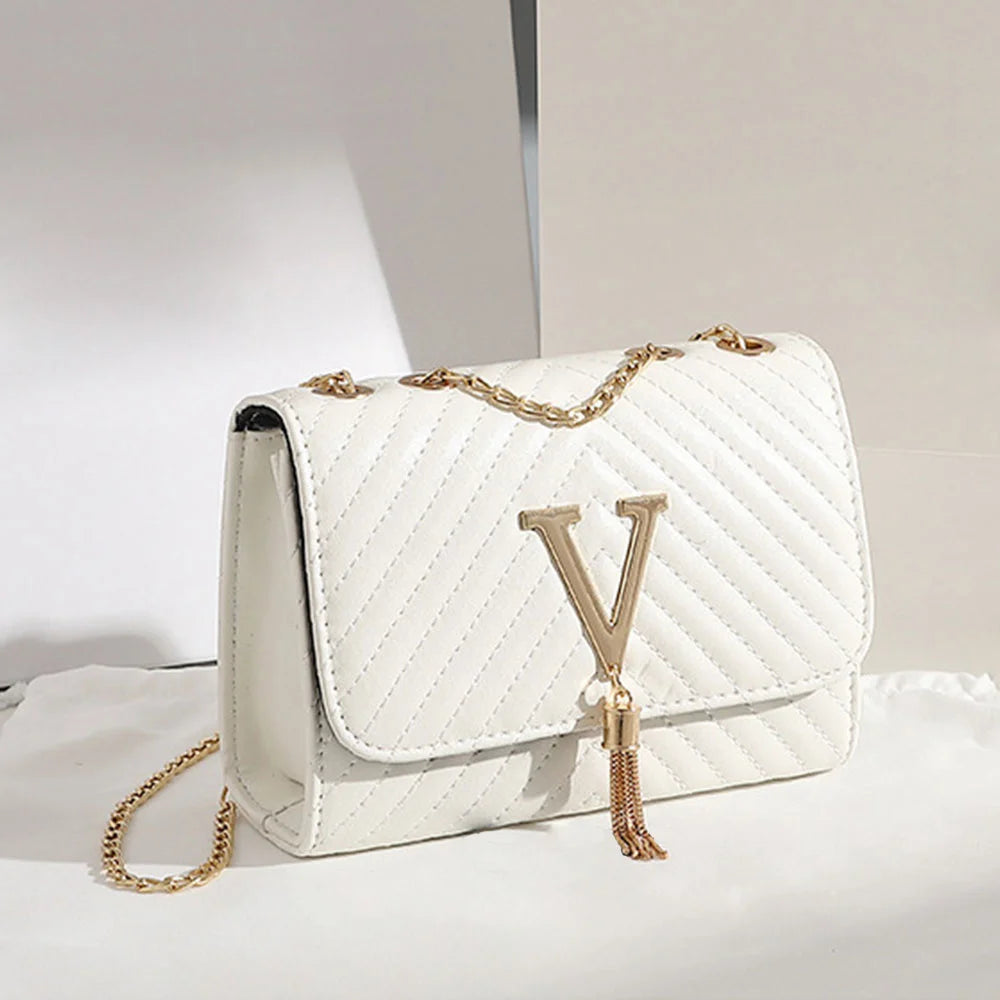 Women’s Trend Luxury Brand Handbag | Sophisticated Sequined & Embroidered Shoulder Bag | Elegant Small PVC Leather Crossbody | Fashion-Forward Flap Purse with Tassel & Chain Accents (Model BLL-846) Luxegan