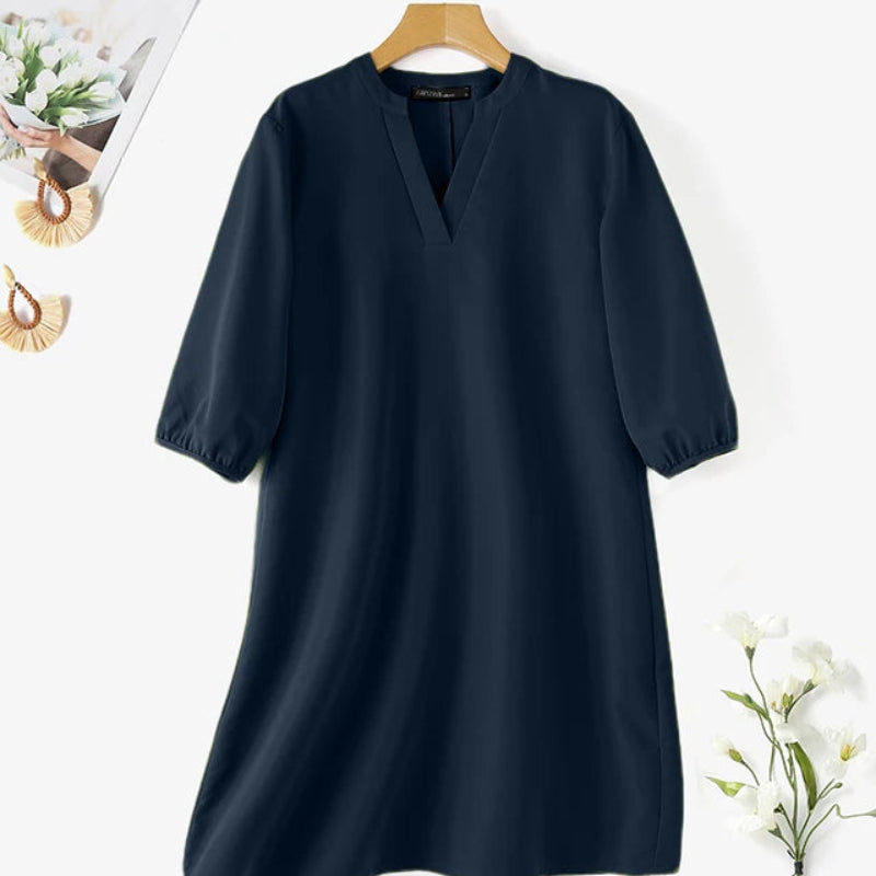 V-Neck Puff Sleeve A-Line Midi Dress | Elegant Solid Work & Casual Autumn Dress Luxegan