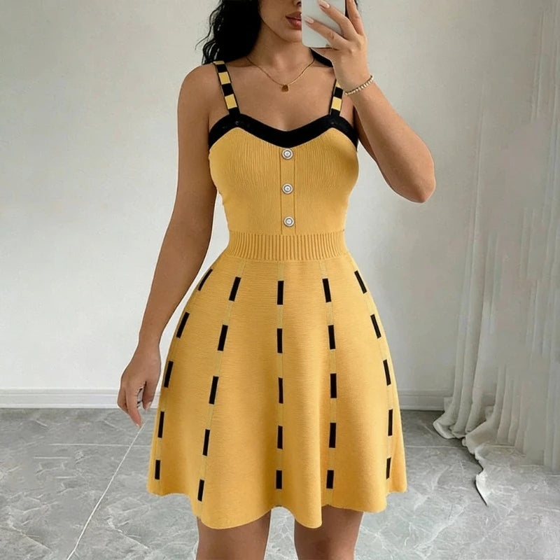 Button-Front Knit Sweater Dress | Contrast Strap V-Neck Sleeveless Skater Gown | Sexy Striped High Stretch Slim Fit A-Line Mini Sundress | Premium Knitting Cotton Luxegan