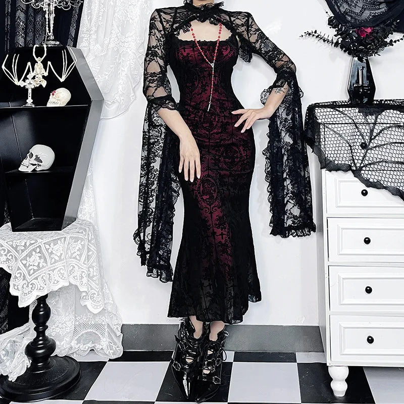 Gothic Sexy Long Fishtail Dress for Women | Vintage Spaghetti Strap Backless Maxi Dress | Premium Ruched Medium-Stretch Slim Fit Vestidos | Elegant Slash Neck Knit Lace Trim Gothic Robe Luxegan