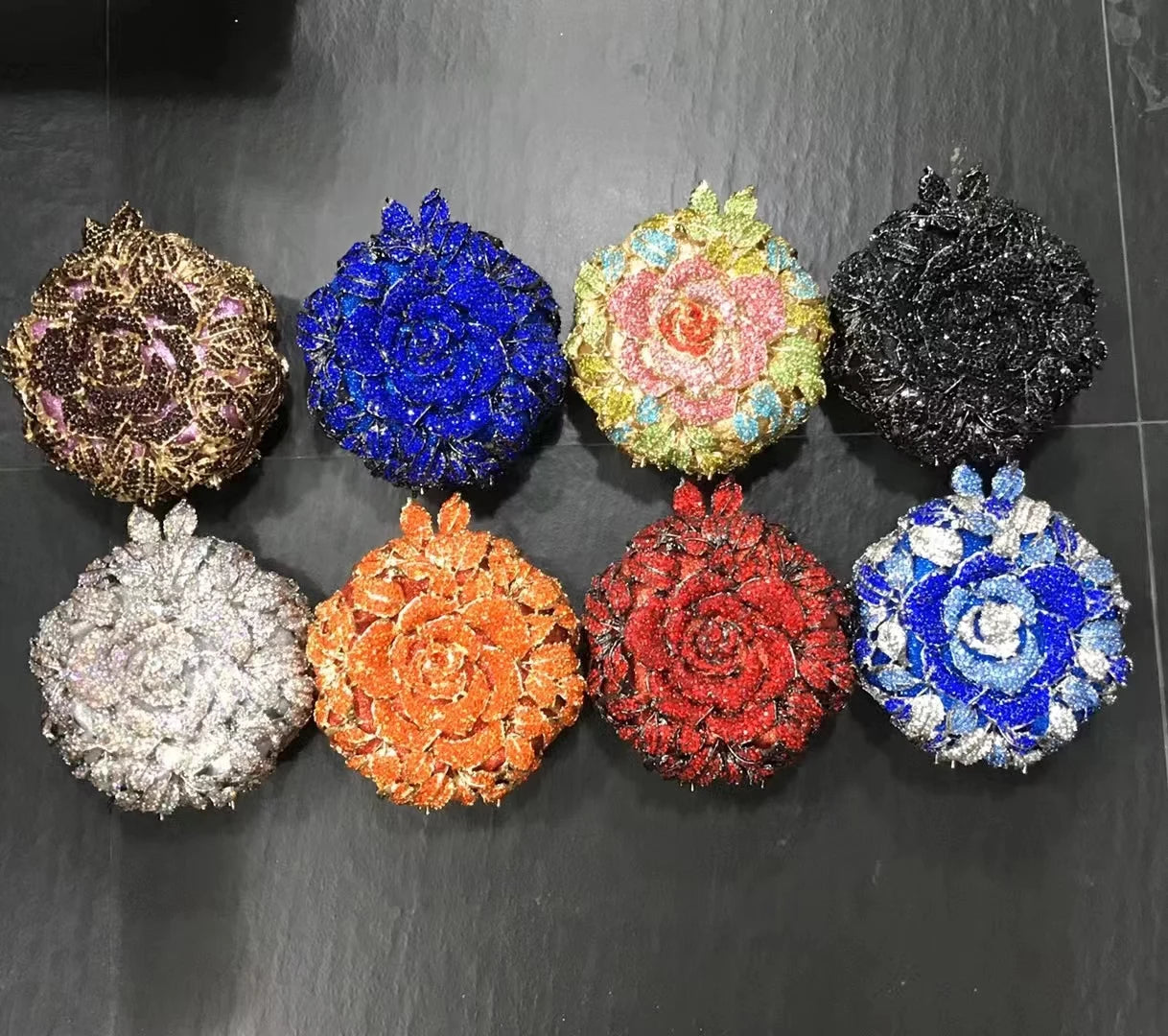 Luxury Diamond Crystal Rose Flower Clutch | Floral Metallic Evening Purse for Weddings & Brides | Sparkling Party Minaudière in Gold, Silver, & AB Diamonds Luxegan