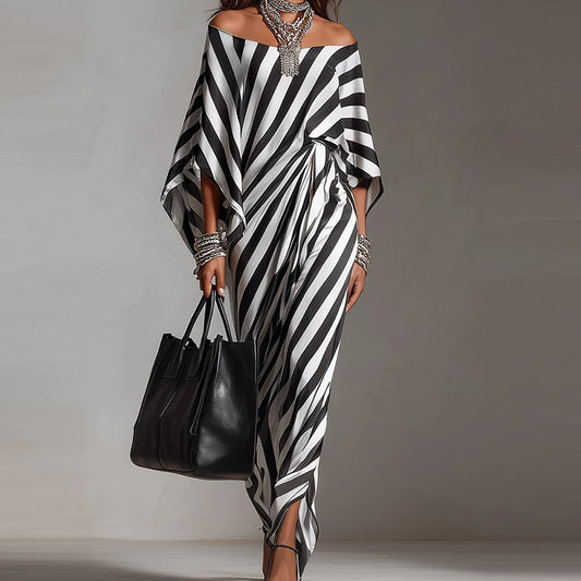Off-Shoulder Half Sleeve Printed Loose Boho Midi Dress | Elegant Beach Holiday Maxi Dress Luxegan