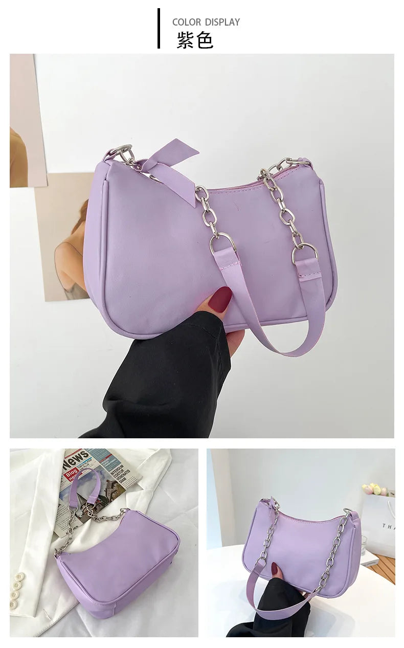 Shoulder Bags Women Underarm Chain Bag | PU Candy Colors Zipper Summer Simple Students Daily Casual Handbags Luxegan
