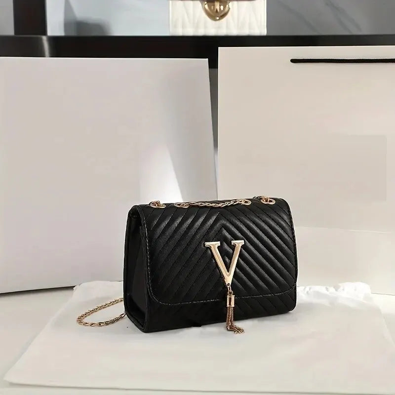 Fashion Quilted Chain Crossbody | Sophisticated Letter-Embroidered Shoulder Bag | Elegant Luxury Tassel-Decor Square Purse | "Dignified" Structured Messenger with High-Fashion Detailing Luxegan