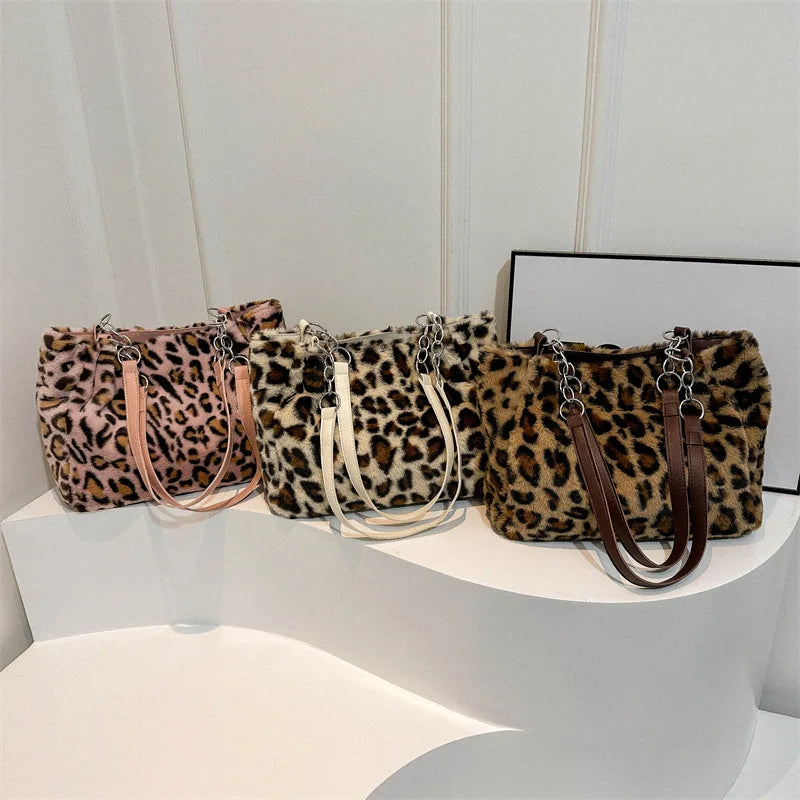 National Style Simple Women's Leopard Tote Bag | Lady Luxury Fluffy Shoulder Bag & Chain Large Capacity Commuter Handle Bag Luxegan