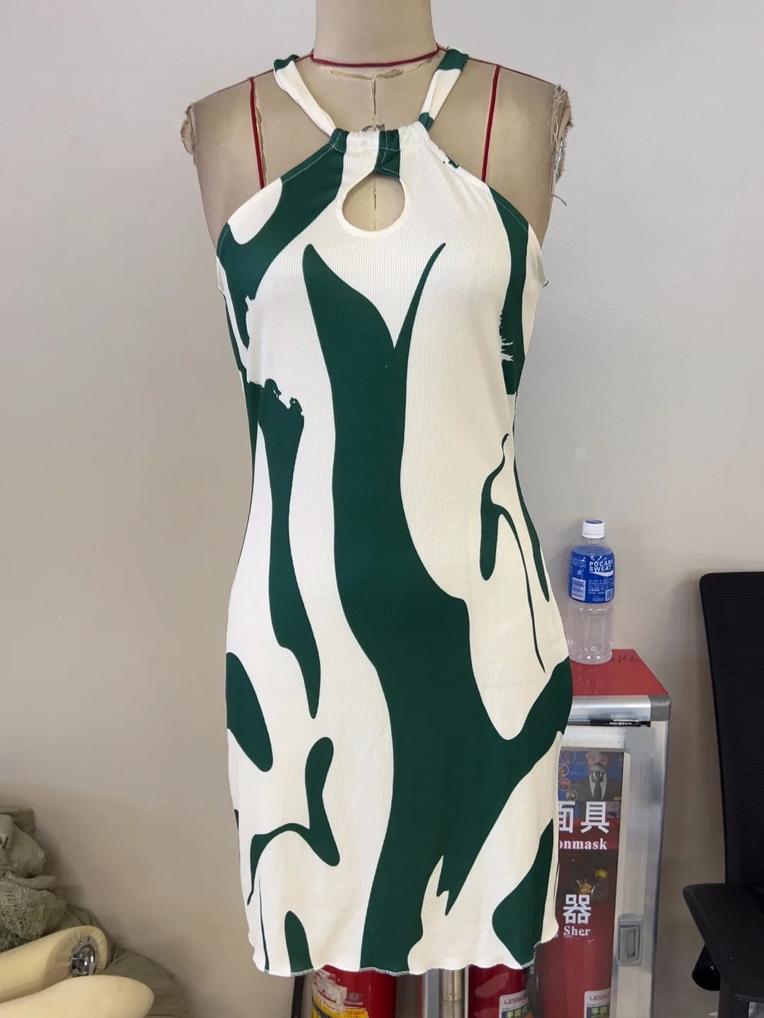 New Spring & Summer Printed Off-Shoulder Dress | Sexy Lace-Up Ribbed Knee-Length Vestidos | Hand-Painted Bohemian Slim Fit Straight Dress | Model JZ8154 Sleeveless Scarf Collar Ladies Gown Luxegan