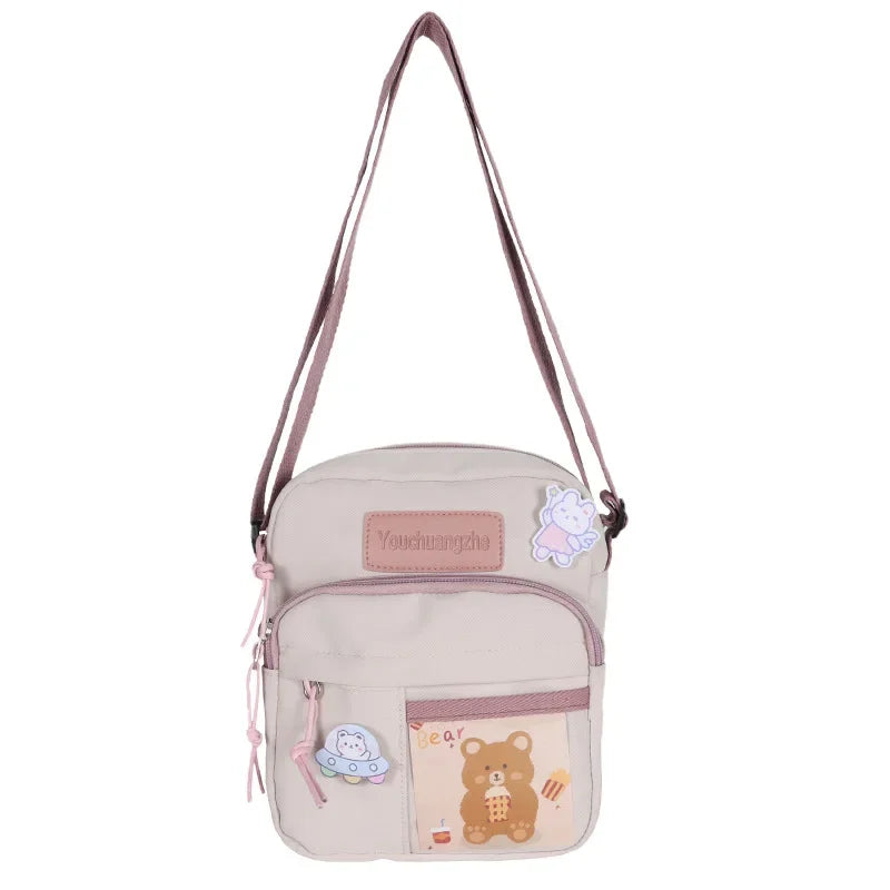 Cute Clear Kawaii Canvas Bag | Harajuku Cartoon Messenger Bag for Girls | Sophisticated Small Patchwork Shoulder Pouch | Fashion-Forward Nylon Cellphone Purse with Silt Pocket Luxegan