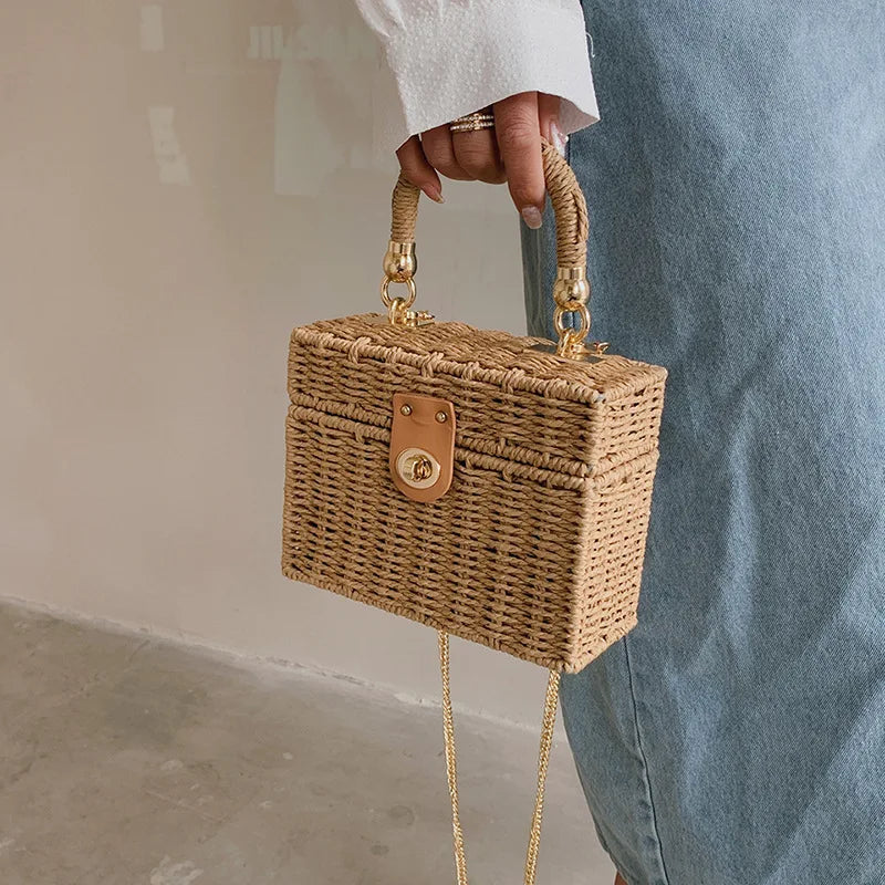 Hard Straw Woven Box Crossbody | Bohemian Chain Beach Bag Luxegan
