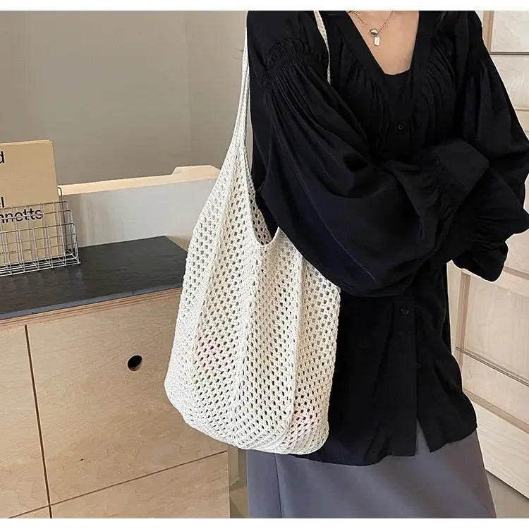 Women’s Solid Crochet Tote Handbag | Hollow Woven Summer Mesh Beach Bag | Large Capacity Aesthetic Knitting Hobo Bag | Casual Underarm Crochet Shoulder Bag Luxegan