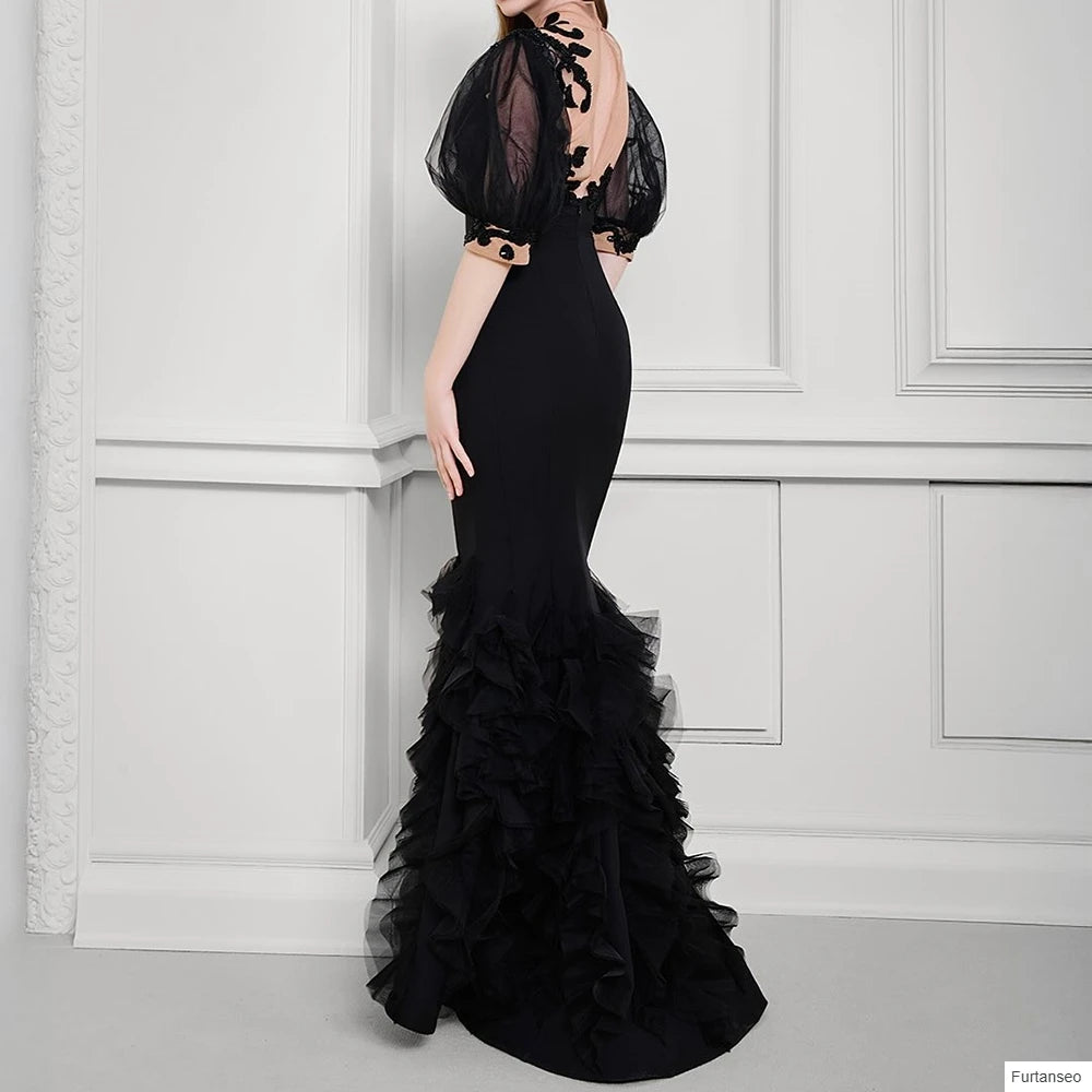 Sequined Draped Mermaid Evening Gown | High-Neck Half Sleeve Floor-Length Prom Dress Luxegan