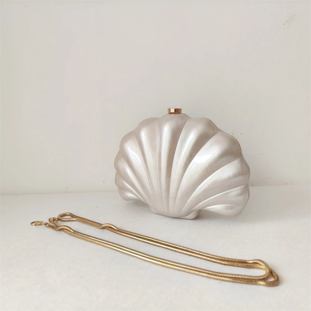 Hard Acrylic Shell Box Clutch | Luxury Stones & Chain Wedding Bridal Handbag Luxegan