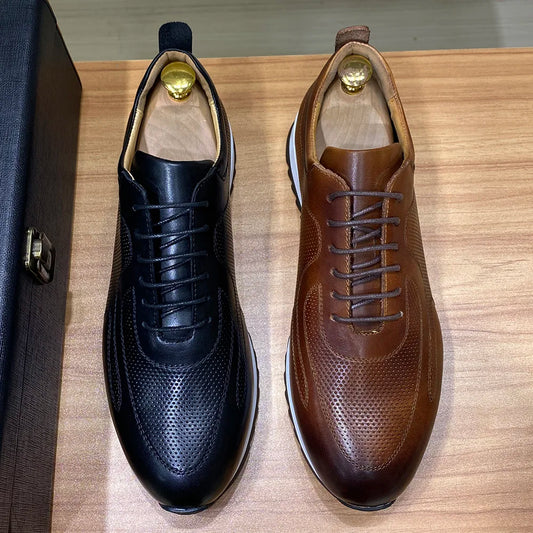 Luxury Men's Genuine Cow Leather Sneakers | Sophisticated Lace-Up Oxford Casual Shoes | Elegant "Handmade Stitching" Silhouette | "Dignified" Breathable Street Travel Footwear for Radiant Versatile Styling Luxegan