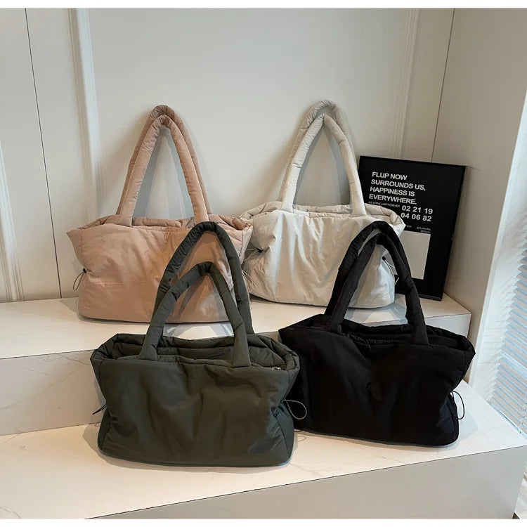 Fashion Winter Large Shoulder Bag | Simple & Practical Nylon Shopping Tote | Textured Casual Commuting Bag with Embroidery & Lace Detail Luxegan