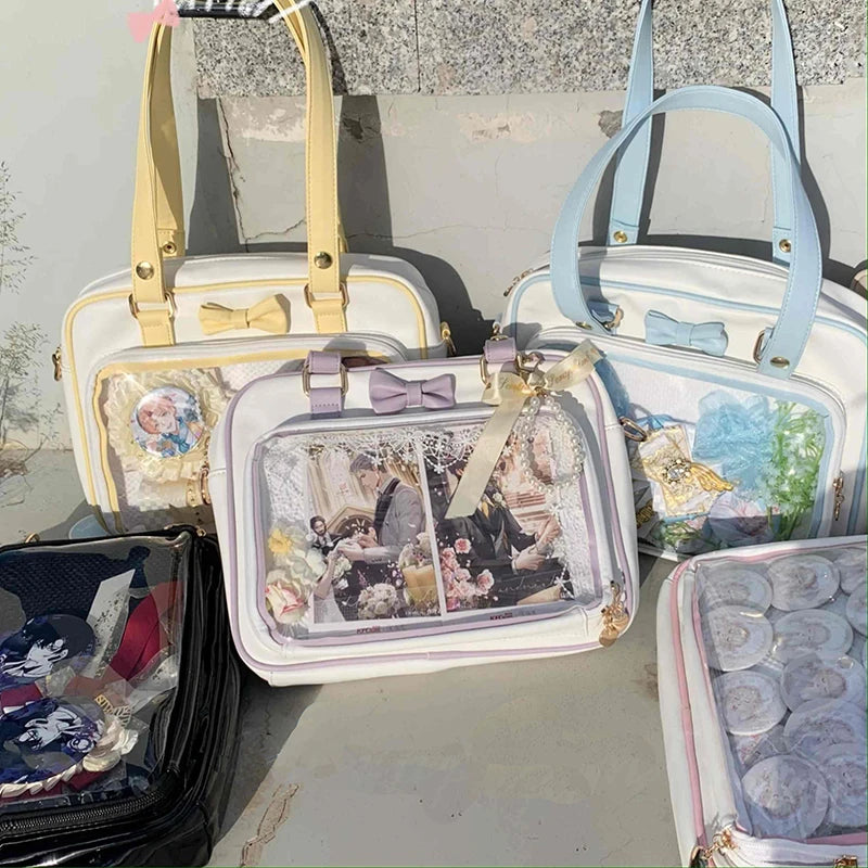 Y2K Cute Bow Ita Bag | Transparent DIY Messenger Bag for Girls | Fashionable Lolita Crossbody & Shoulder Bag | Clear Display Badge Tote for Anime Fans (Model 231) Luxegan
