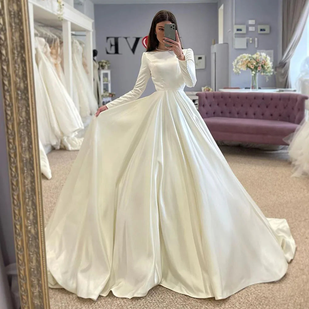 Modest Conservative Muslim Wedding Dress | Full-Sleeve Satin Bridal Gown | Elegant High-Neck A-Line Customized Long Wedding Gown Luxegan