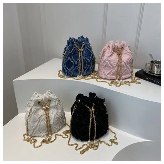 Portable Pearl Denim Bucket Bag | Chain Small Purse Tassel Denim Crossbody Bag | Korean Style Handbag Cloth Shoulder Bag (Casual Tote) Luxegan