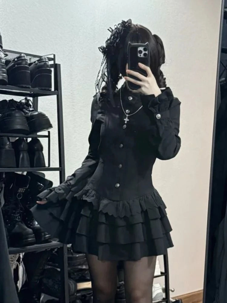 Women's Spring Vintage Gothic Lace-Up Dress | High Street Black Lolita Slim Fit Mini Dress | Y2k Lace Full Sleeve Ball Gown Clothing | Premium Tatting Half High Collar Dress Model 2503273Y Luxegan