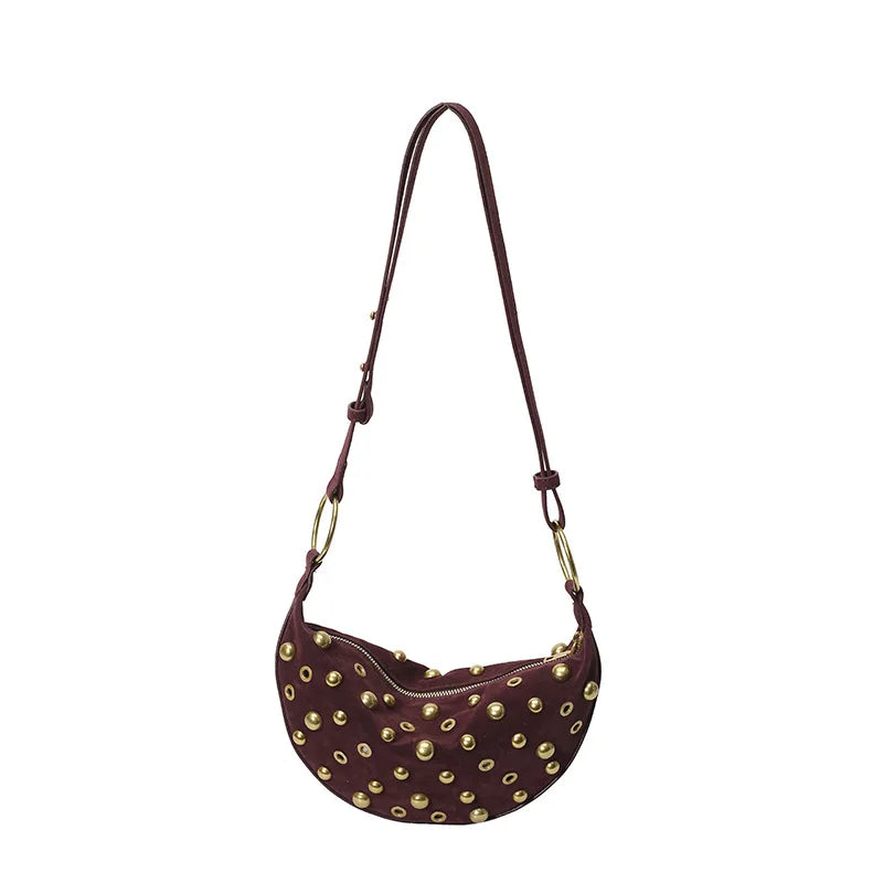 Women's Punk Style Leather Rivet Underarm Bag | Premium Faux Suede Single Shoulder Handbag | Trendy Sewing Thread Rectangle Crossbody Purse | Soft Four-Seasons Velvet Sling Pack Luxegan