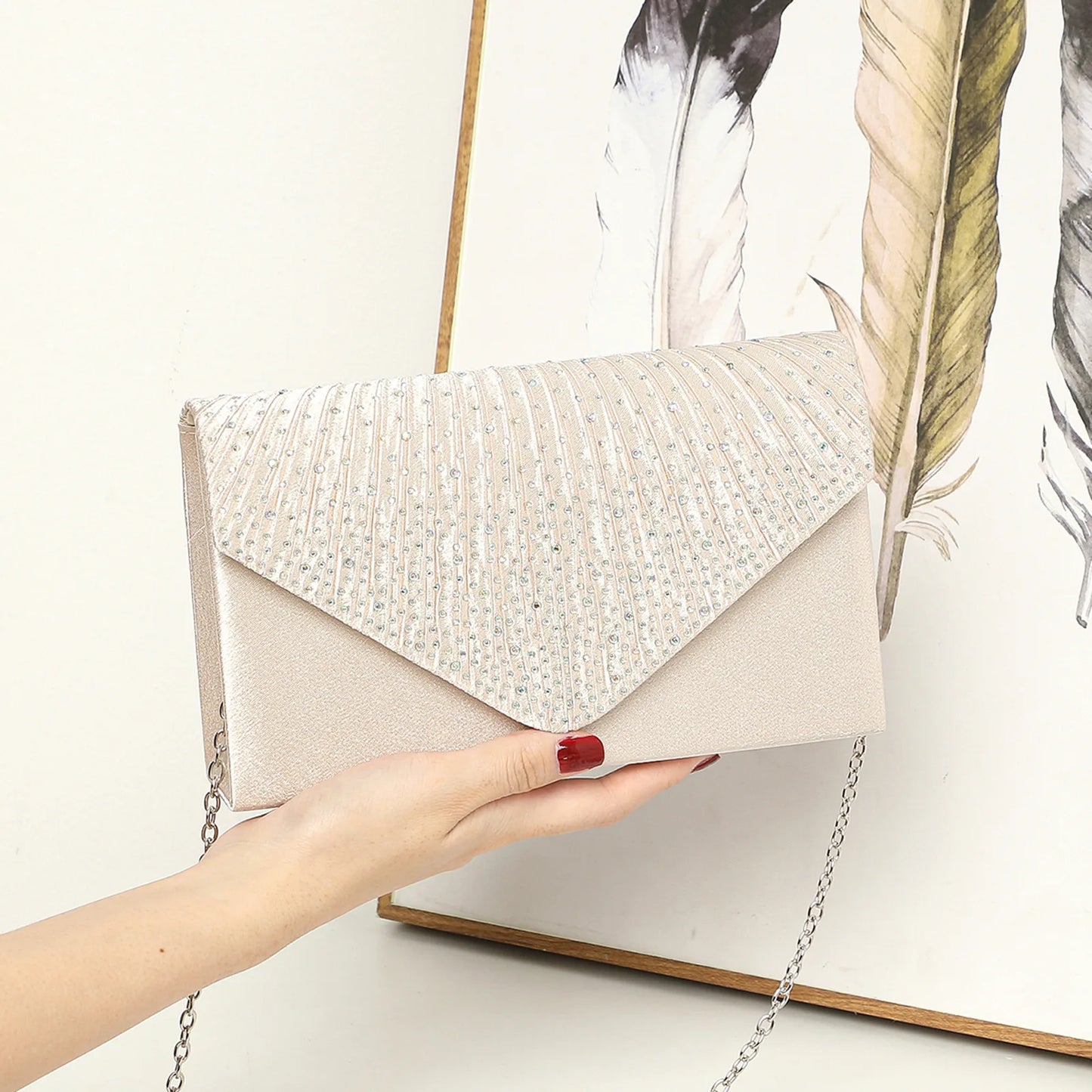 Satin Rhinestones Envelope Clutch | Hard Glitter Diamonds Chain Evening Purse Luxegan