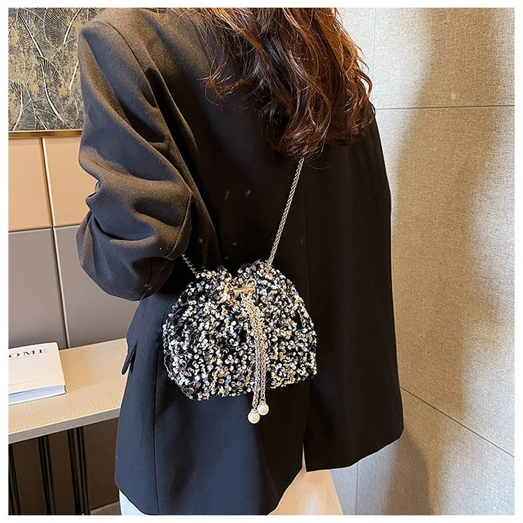 Good-looking Personality Sequin Women's New Korean Bucket Bag | Bright Eyes Style Fashion Crossbody Dinner Single Shoulder Bags Luxegan