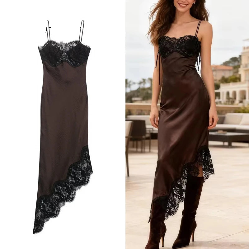 Spaghetti Strap Lace Asymmetric Satin Slip Maxi Dress | Sleeveless Luxury Evening Sexy Night Dress Luxegan