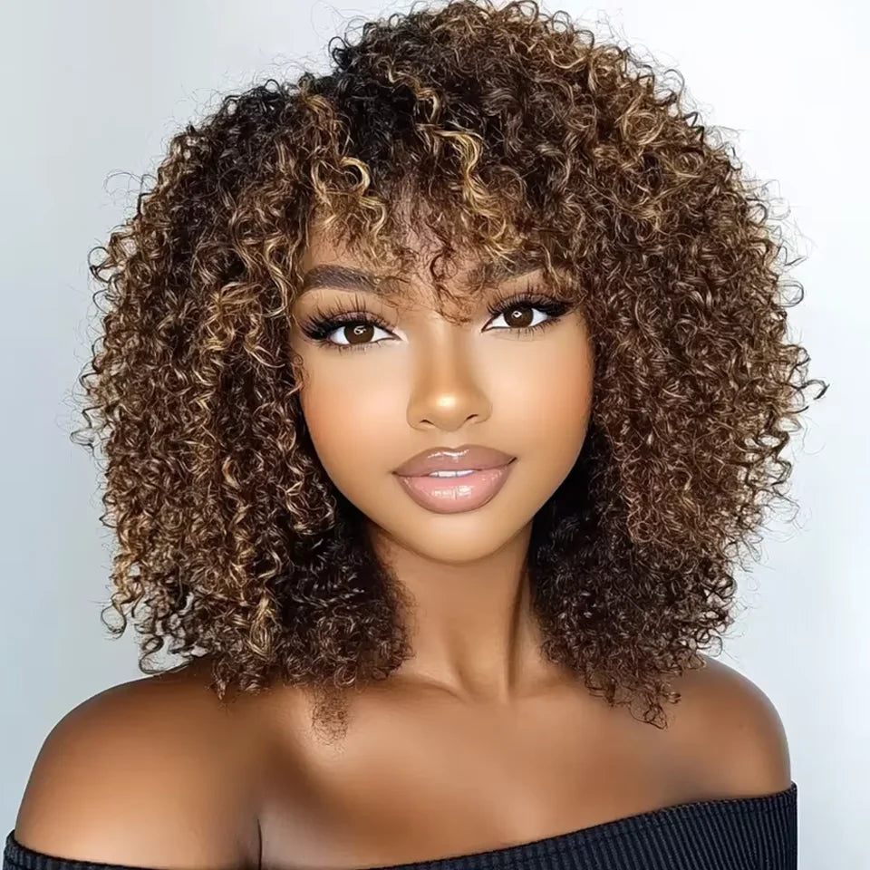 Highlight P4/27 Jerry Curl Pixie Cut Human Hair Wig with Bangs - 10-Inch Full Machine-Made Glueless Short Curly Wig - 100% Human Hair Natural Afro Curly Wig for Women (Factory Price) Luxegan