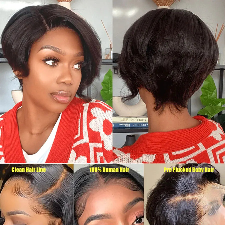 Sleek Straight Short Pixie-Cut Bob Wig | 13x4x1 T-Part Transparent Swiss Lace Frontal Wig | 100% Brazilian Remy Human Hair Pre-Plucked Glueless Bob for Women (Natural Black) Luxegan 
