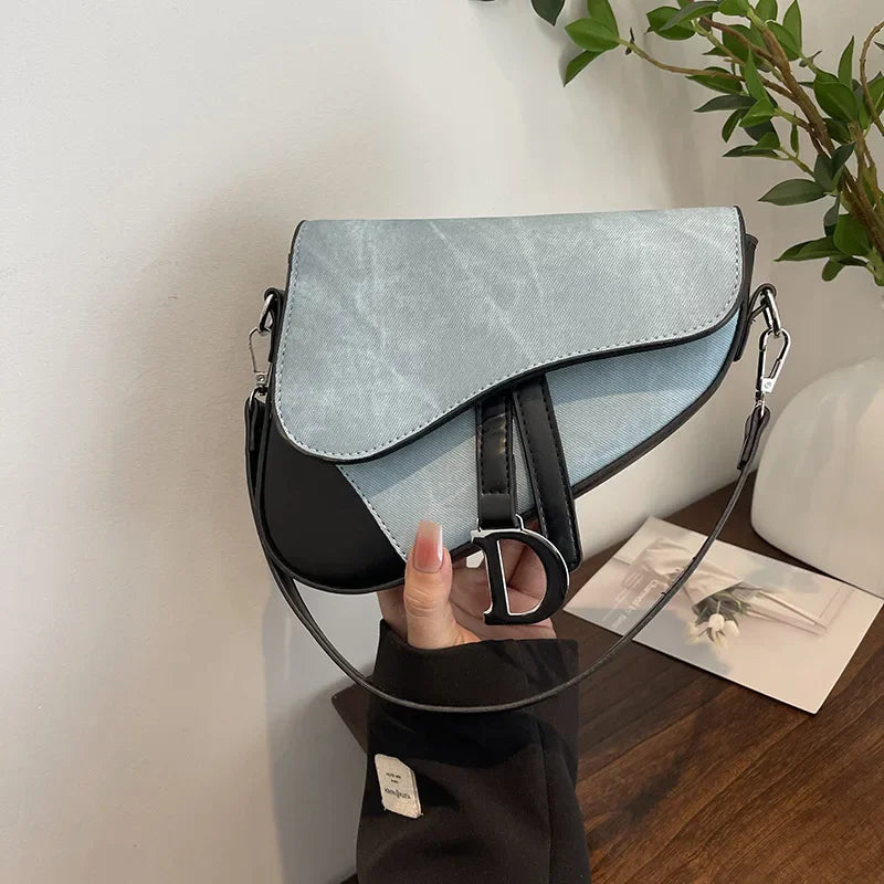 Denim-Look Contrast Saddle Bag | Fashionable Box Messenger Purse Luxegan