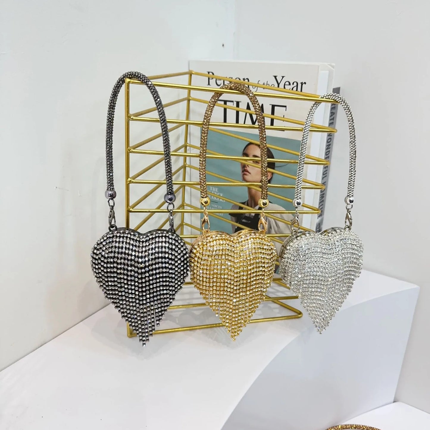Luxury Mini Heart-Shape Crystal Clutch | Hard Diamond Inlay Evening Party Handbag - view 3
