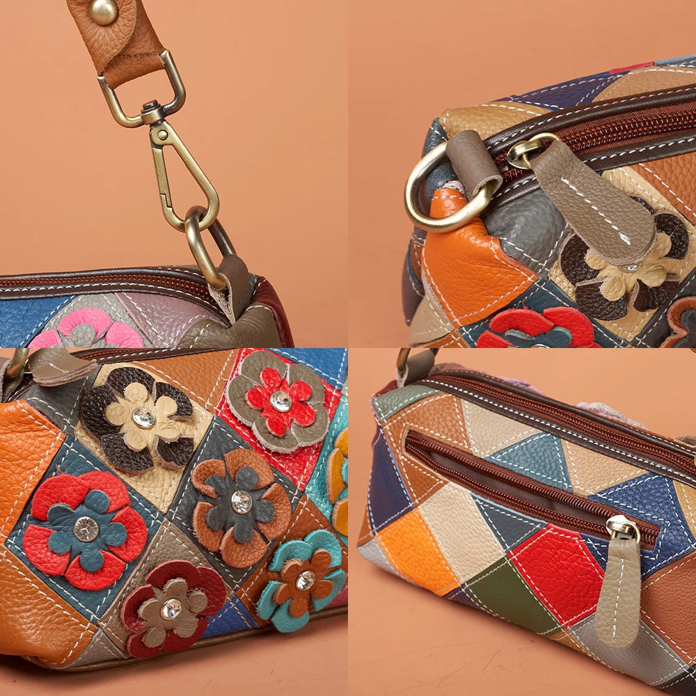 Handmade Genuine Leather Women’s Small Shoulder Bag | Ethnic Floral Patchwork Shell Bag | National Style Genuine Leather Crossbody with 2 Interchangeable Straps Luxegan