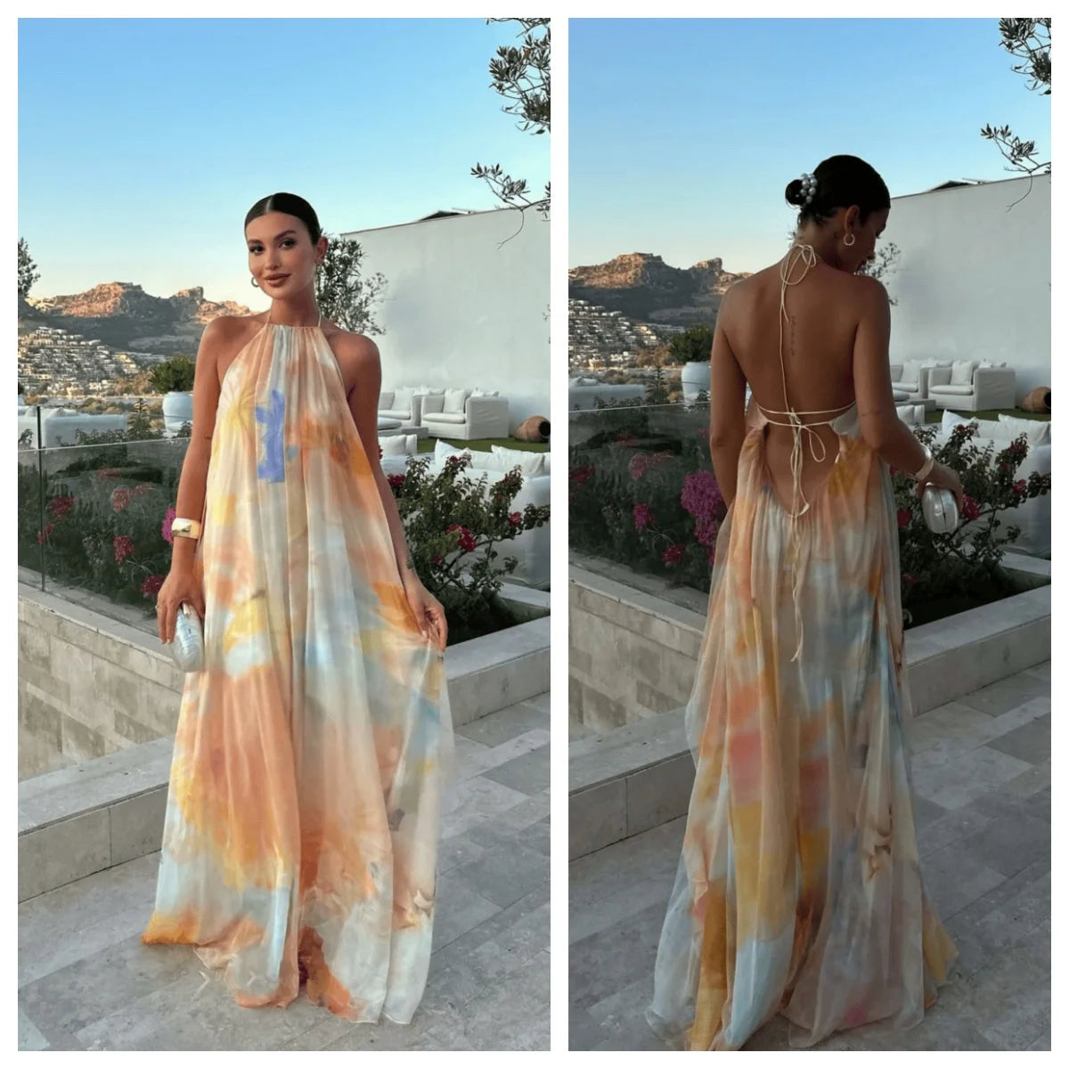 Printed Halter Neck Loose Maxi Dress – Backless, A-Line, Bohemian, All Season Luxegan