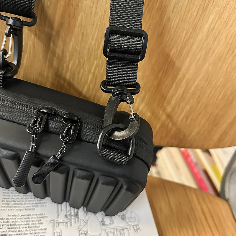 Unisex Army Green Mini Box Crossbody | Casual Leisure Shoulder Sling Bag | Durable PVC Solid Color Handbag with Striped Texture & Zipper Closure Luxegan