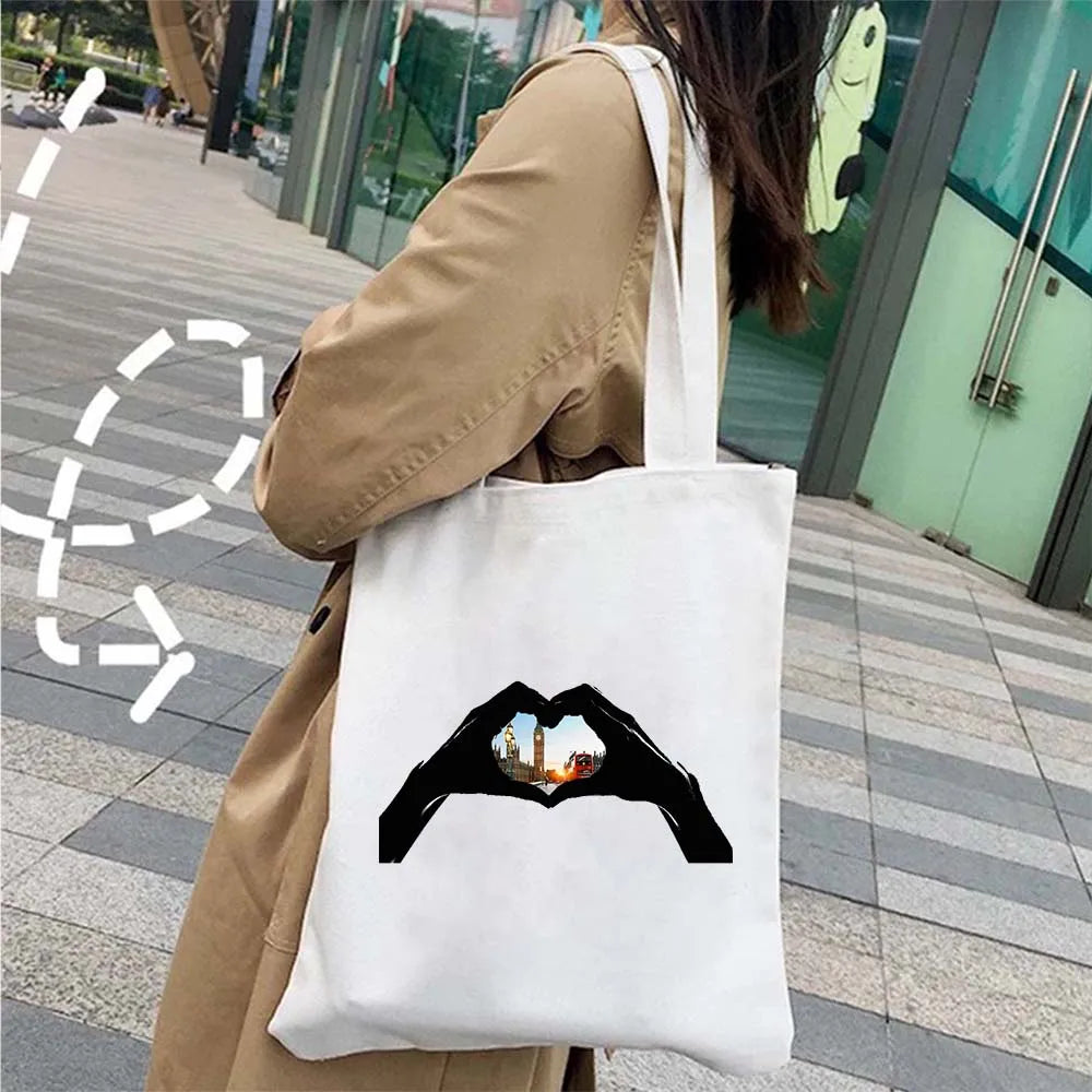 London Big Ben England Map Flag Canvas Tote Bag | UK City Landscape Skyline Shoulder Shopping Handbag (Women's Tourist Gift) Luxegan