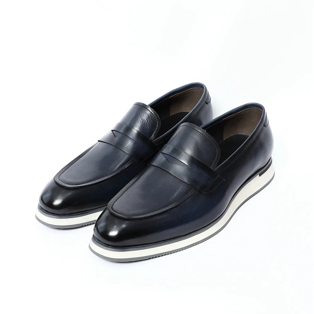 Classy Men's Genuine Cow Leather Penny Loafers | Blue & Black Casual Business Flats (Breathable) Luxegan