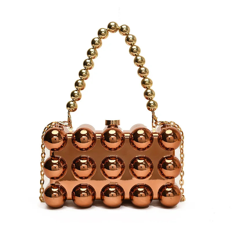 Luxury Acrylic 'Cake Box' Bag | Elegant Gold Beaded Chain Handbag Luxegan
