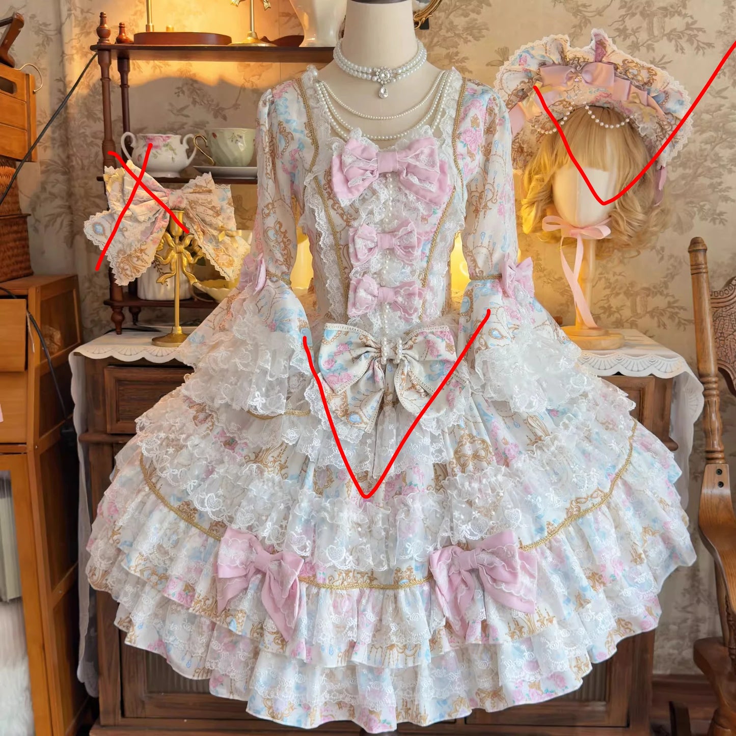 Women's Original Design Sweet Long Sleeve OP Dress | Super Fairy Cute Bow Birthday Party Gown | Elegant Square Collar Slim Fit Princess Dress | Premium Tatting Non-Stretch A-Line Lolita Vestido Luxegan