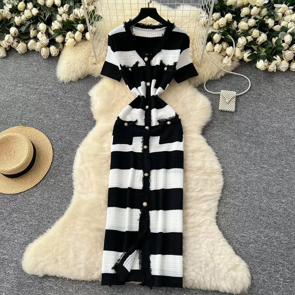 V-Neck Short Sleeve Tassel Striped Knit Pencil Midi Dress | Slim Fit Elegant Office Lady Summer Dress Luxegan