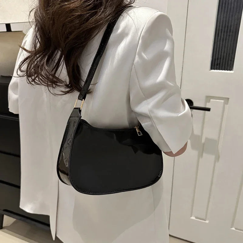 Hard Patent PU Leather Baguette Bag | Vintage Designer Hobos Underarm Bag Luxegan