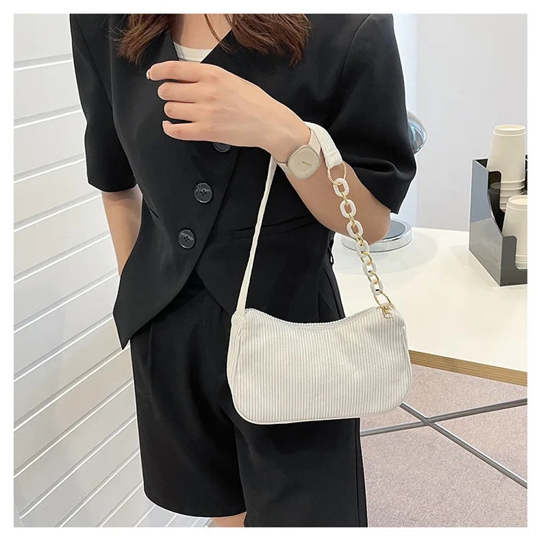 Korean Fashion Vintage Corduroy Underarm Bag | Women's Summer Soft Zipper Shoulder Small Bag | Casual Clutch Handbag Luxegan
