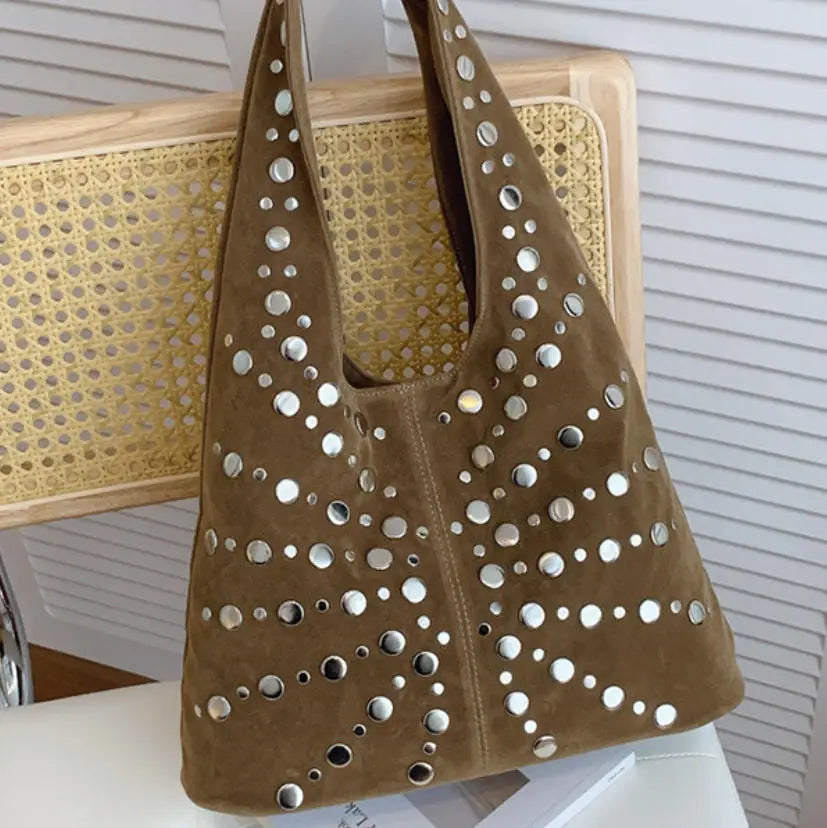 Women's Fashion Punk Metal Rivet Bucket Bag | High-End PU Suede Underarm Shoulder Tote | New Retro Trendy Motorcycle Handbag | Premium Solid Color Shoulder Bag with Hasp Closure Luxegan