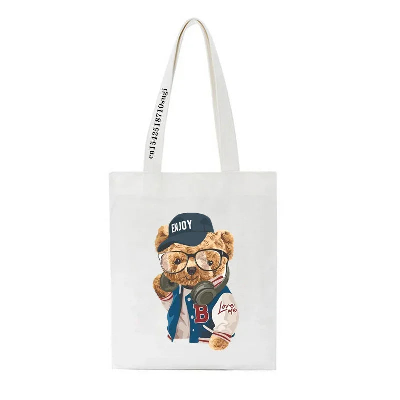 Fashion Bear Print Eco Women Shoulder Bags | Female Handbag Canvas Shopping Bag | Casual Large Ladies Travel Totes Bags Luxegan