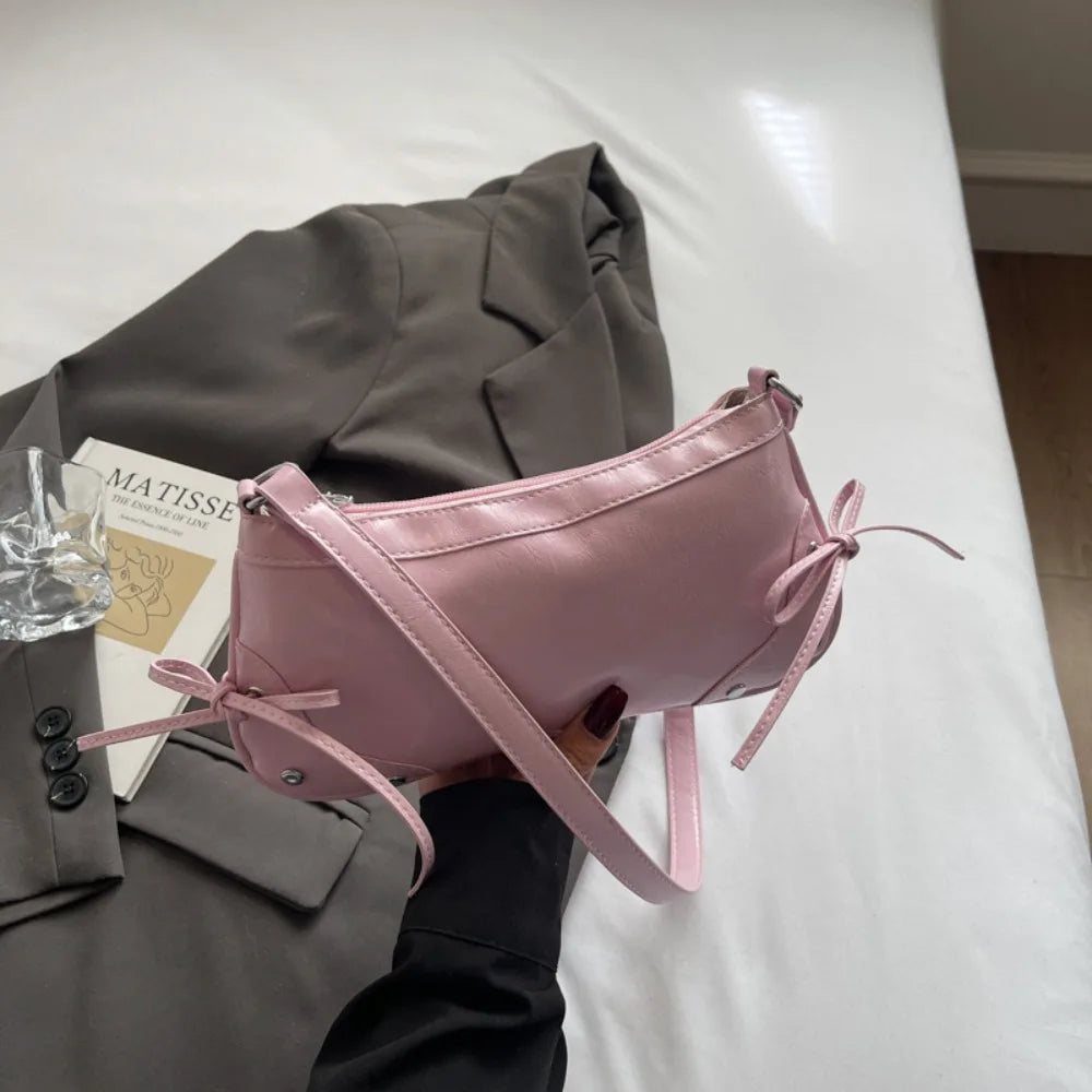 Y2K Designer Solid Color Shoulder Bag | Fashion PU Leather Bow Tie Armpit Bag for Women & Girls Luxegan