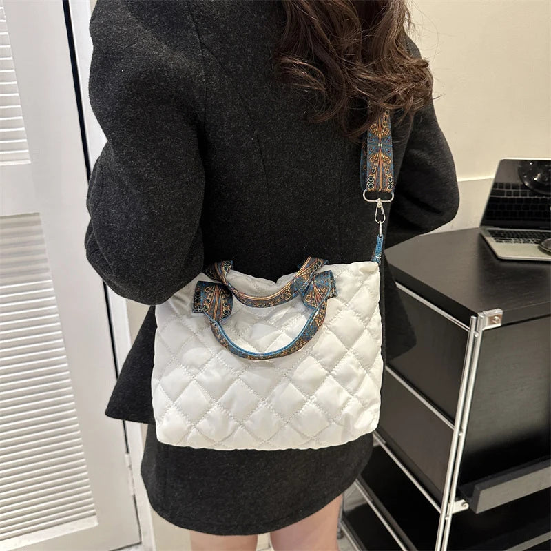 Fall/Winter Rhombus Space Cotton Shoulder Bag | Women's Wide Shoulder Belt Large Capacity Shopping Tote Handbag Luxegan